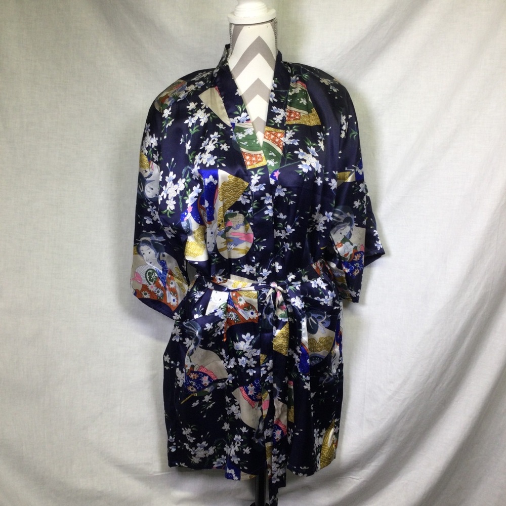 Star Womens Blue Kimono Style Floral Asian Graphic Theme Robe VTG